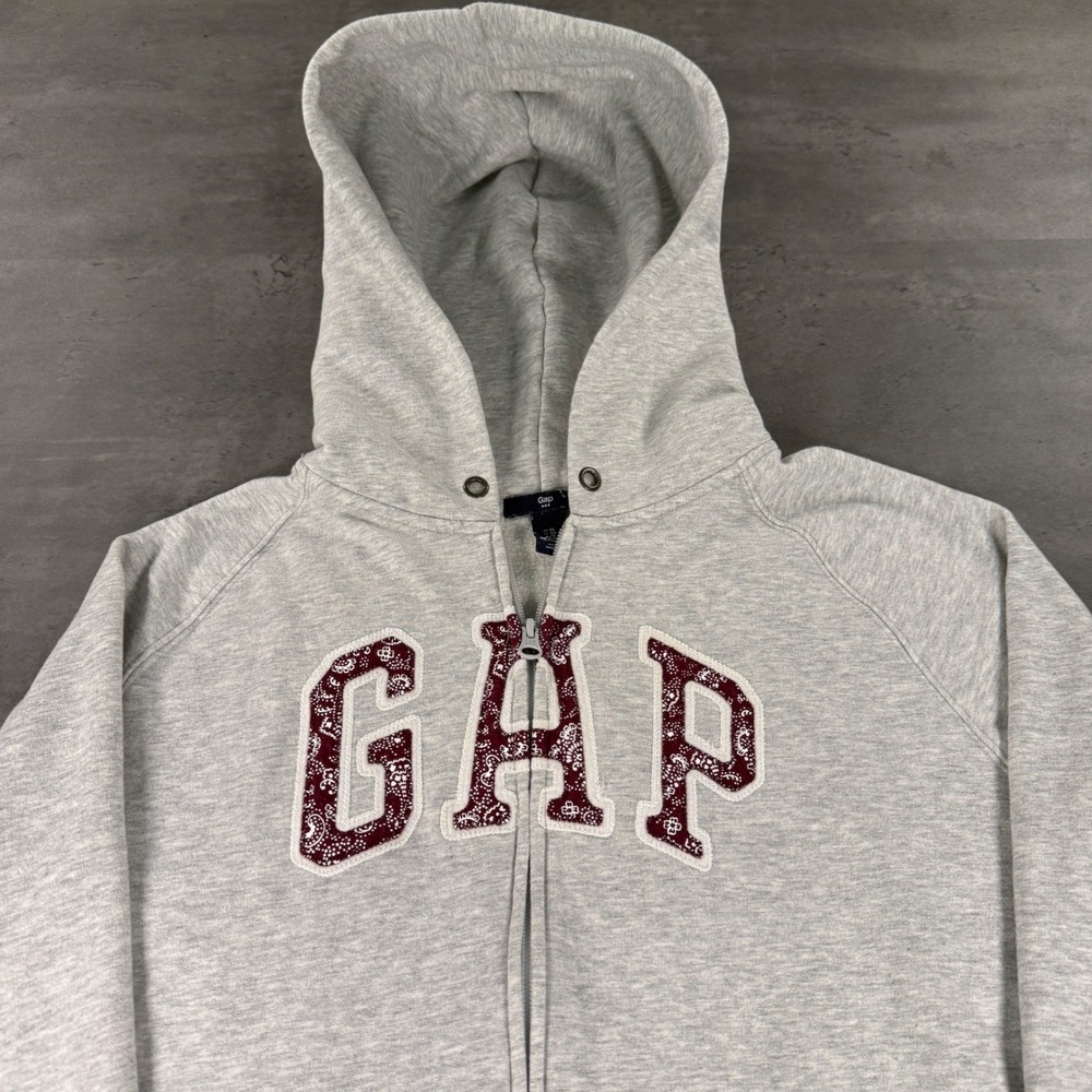 Gap Zip Up Hoodie XL Gray Wine Paisley Logo Fleece Raglan Sweatshirt Babydoll